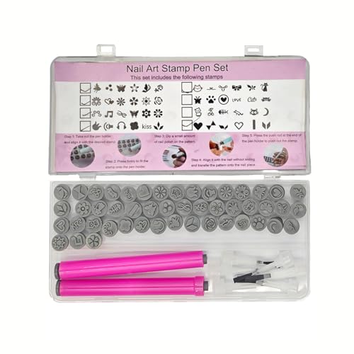 56PCS Nail Art Stamp Pen Set with 6 Brush Heads 48 Designs 1 Stamp Pen & 1 Brush Pen Ergonomic Portable Easy-to-Use DIY Tool for Home/Travel/Salon Ideal for Beginners & Pros