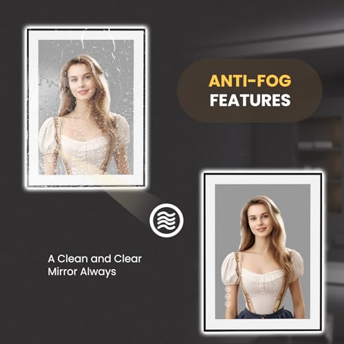 LOAAO 24"X32" LED Bathroom Mirror Black Framed, Anti-Fog, Dimmable, Lighted Bathroom Vanity Mirror for Wall, Memory Function, Tempered Glass