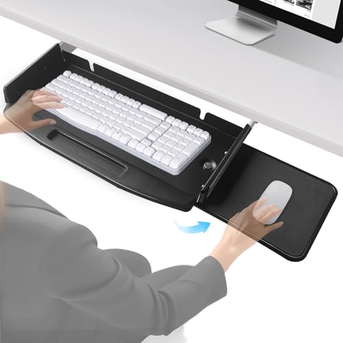 Solid Steel Under Desk Keyboard Tray Slide Out with 360° Rotating Mouse Platform,Keyboard Shelf Sliding,Under Desk Mounted Keyboard Holder,Under Desk Keyboard Drawer 28