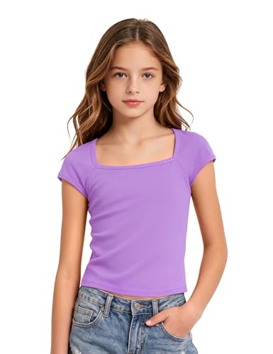 Image of Crop Tops for Girls Short Sleeve Shirt Girls Summer Tops Square Neck Slim Fit Tops Basic Tee