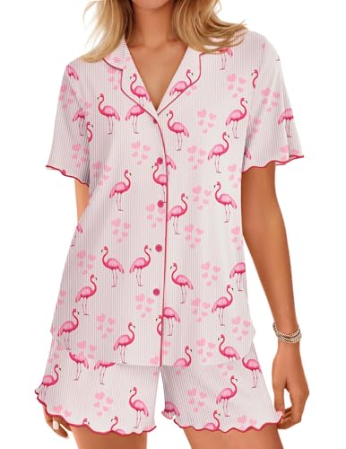 Image of Ekouaer Button Up Pajamas Set for Women Short Sleeve Ribbed Knit Sleepwear 2 Piece Pjs Shorts Set