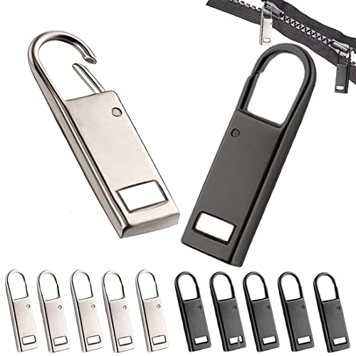 10 Pièces Onglets Zip de Rechange, Attache Fermeture Eclair, Zipper Replacement, Tirettes Fermeture Eclair, Métal, pour Valises, Sacs à Dos, Vêtements, Loisirs Créatifs (Noir Mat, Argent) Cover