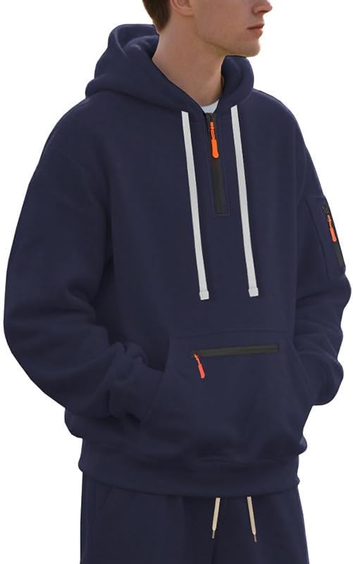 Men's Hooded Sweatshirt - Quarter Zip Pullover with Pockets Autumn Winter Casual Wear for Vacations - Image 2