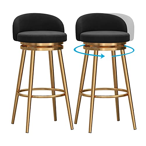 Juego de 2 taburetes de bar modernos de terciopelo, tapizados con respaldo bajo, patas de metal dorado