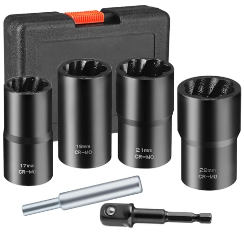 CKductpro 6 PCS Twist Socket Set, Stripped Lug Nut Remover Wheel Lock Removal Kit Extractor Set for Removing Damaged, Dead, Rusted, Rounded-Off Bolts, Nuts & Screws-17MM,19MM, 21MM, 22MM