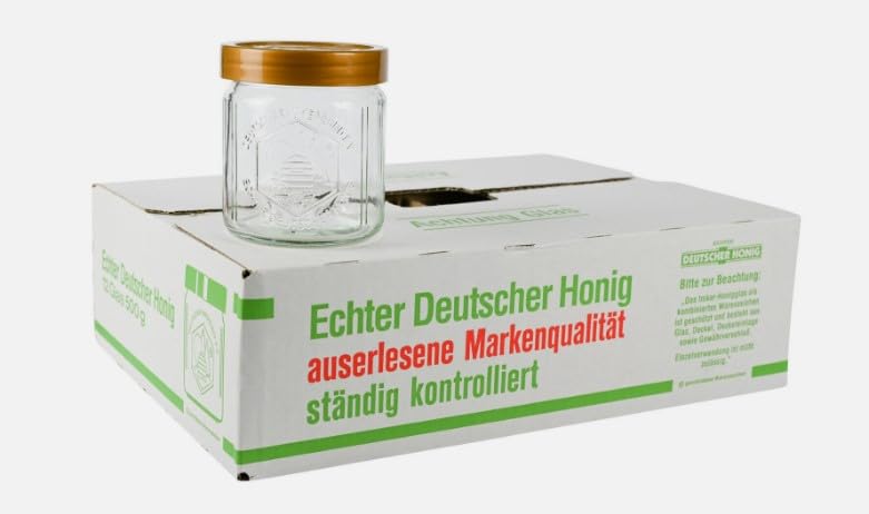 DIB Einheitsgläser im Karton - 12 Stück 500g Rundglas mit Bienenmotiv Gläser mit Schraubverschluss - Dekorative Aufbewahrung für Küche und Vorrat
