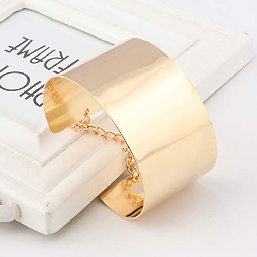 Alloy Adjustable Smooth Open Ended Gold Wide Cuff Bangle Bracelet with Chain3