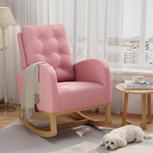 GAOMON Modern Rocking Chair for Living Room, Comfortable Recliner Rocker with Side Pocket, Soft Linen Upholstered Glider Chair for Bedroom, Nursery, L