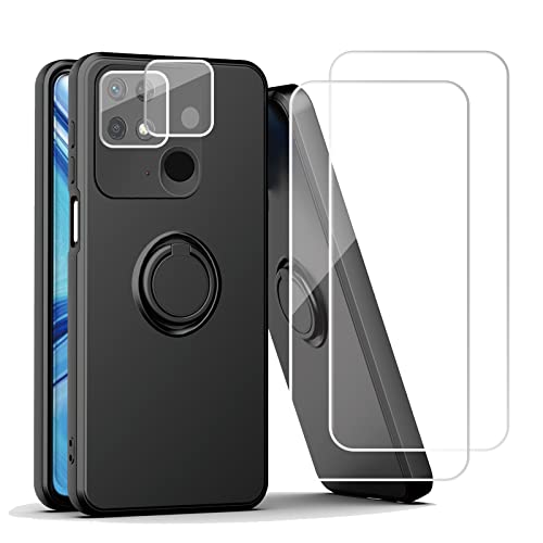 Esakycn Funda para Xiaomi Redmi 10C, Cárcasa Silicona con 2 Cristal Templado + 2 Protector de Lente de Cámara, Soporte de Anillo Magnético Fundas para Xiaomi Redmi 10C 6,71", Negro Cover