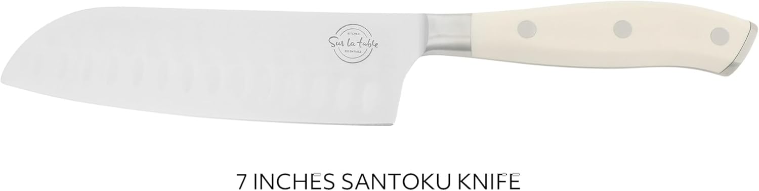 Sur La Table Kitchen Essential Tasting Kitchen German Steel Santoku Knife, 7-Inch Stainless Steel Blade – Professional Kitchen Knife with White Handle and Forged Full Tang