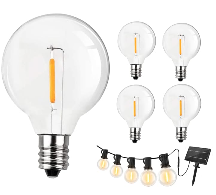 BokiHuk LED Glühbirne G40 fur Solar Lichterkette 5 PACK, 1 W LED Birnen Lichter fur Lichterkette Außen, E12 Sockel, 2700K Warmweiß LED Lampe Dimmbar