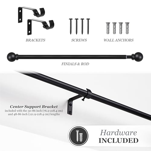 Kenney Chelsea Ball End Window Curtain Rod - Adjustable for Windows 48 to 86 Inches, Extendable Set, Black - Thumbnail 5