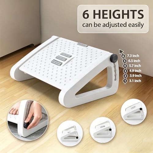 Image of CasaZenith Foot Rest, Six Heights Adjustable Foot Rest for Under Desk at Work, Ergonomic Foots Stool for Under Office Desks, Under Desk Footrest with Foot Massage Roller, Chair Footrest - White