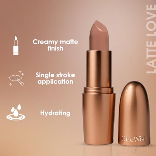 Image of One Wish Creamy Matte Lipstick Long Lasting for Women - Latte Love Shade 06 | Full Coverage | Creamy Formula | No Flaky Lips | No Dryness | Vitamin E, Almond Oil & Shea Butter for Moisturising Lip | 8 Hrs Lasting | Smooth Finish | 3.8 gm