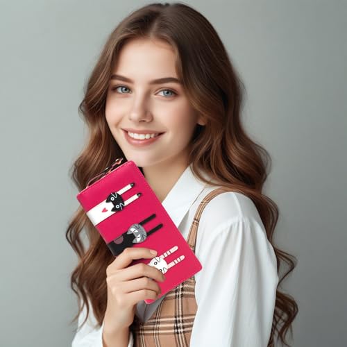 KOTORA Cute Wallet for Women Girls Long Bifold Clutch Bag Mini Cat Embroidery Zip Around Card Holder Coin Purse (Red)3