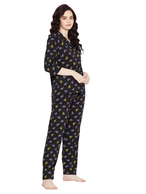 Image of Clovia Women's Cotton Printed Button Me Up Shirt & Pyjama Set in Black
