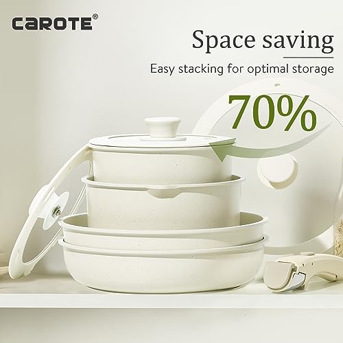CAROTE 10PCS Non Stick Pots and Pans Set, Detachable Handle Induction Hob Pans Set, Cookware Set with Removable Handle, Stackable RV Cookware Oven Safe - Image 6