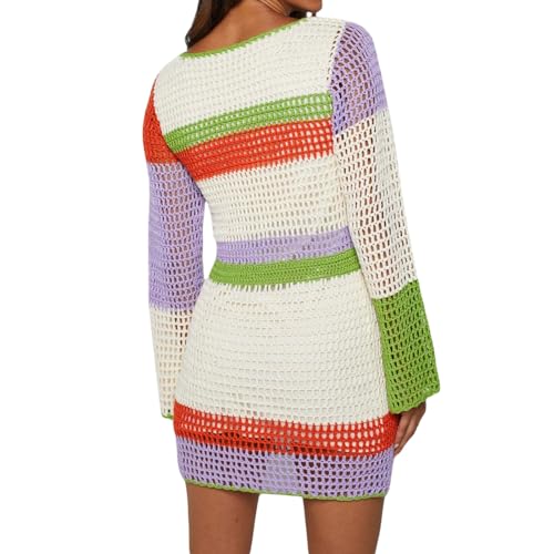 Image of Women Crochet Knit Mini Dress Colorful Striped Long Sleeve See Through Mesh Cover Ups Summer Beach Wear