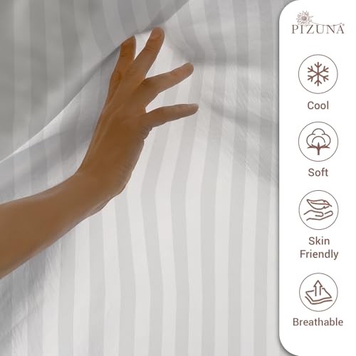 Image of Pizuna 100% Cotton Bedsheet Super King Size with 2 Pillow Covers, 300 Thread Count Long Staple Cotton, Stripes Pattern Flat Bed Sheet 108X108 Inch for Superking Bed, White