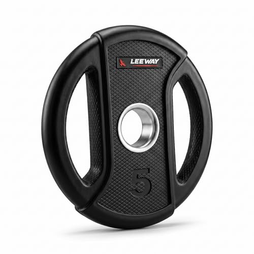 Image of Leeway Olympic Rubber Weight Plates for Home Gym | 5 Kg Pair | 51mm Bore | Dual-Grip Rubber Plates with Metal Ring | Anti-Rust Barbell & Dumbbell Bumper Weight for Home Gym & Commercial, (Black, 5kg Pair (5X2))