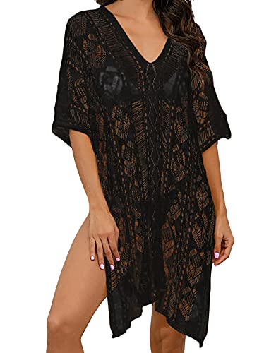 shermie V Neck Swim Cover Ups for Women Hollow Out Loose Beach Swimsuit Cover Up Black 04
