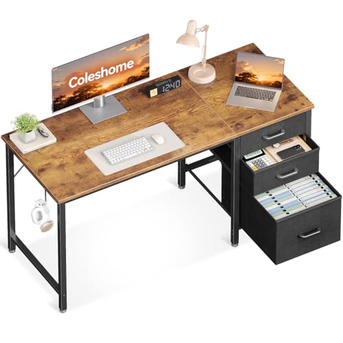 Coleshome Bureau avec 3 Tiroirs en Tissu, 120x48cm Bureau Informatique avec Porte-Casque, Bureaux D'ordinateur Réversible pour Petit Bureaux à Domicile,...