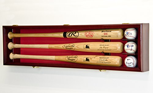 3 Baseball Bat Display Case Cabinet Holder Wall Rack Custom Options 98% UV - Lockable (Cherry Wood Finish, Red Felt - Horizontal Mounting)
