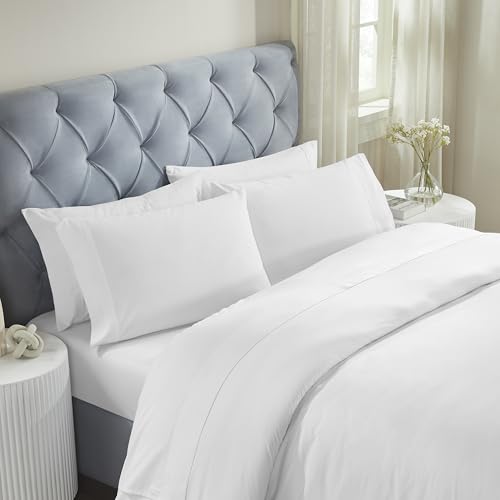 SUPERIOR Embroidered Cotton Bed Sheet Set, 1 Elastic Deep Pocket Fitted Sheet, 1 Flat Sheet, 2 Pillowcases, Daily Soft Sheets, Luxury, Three-Line Design, Brandon Collection, King Size, White/White