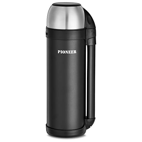 Pioneer Outdoor-Isolierflasche aus Hochwertigem Edelstahl mit Griff und Tasse 1,8 L Doppelwandig Auslaufsicher 8 Stunden Heiß oder Kühl BPA Frei - Schwarz Cover