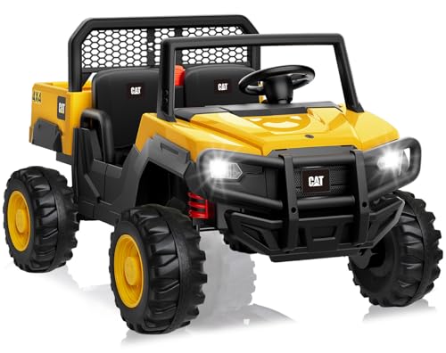 ANPABO 24V Licensed Caterpillar Ride On Dump Truck, 4X100W Powerful Motors, Up to 5Mph, Parent Remote Control, Dump Bed and Shovel, Electric Car for Kids 3-6, Yellow