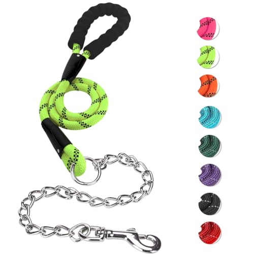 MIHACHI Guinzaglio per cani anti masticazione, resistente, con catena anti-morso e morbido manico imbottito, nessun groviglio, guinzaglio resistente con fili riflettenti, verde neon