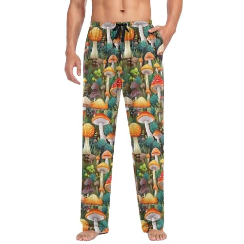 Men’s Watercolors Mushrooms Pajama Pants with Pockets, Comfortable Lounge Sleep Bottoms#3513