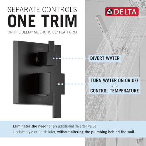 Image of Delta Modern Square Shower System Faucet Set, Matte Black 6.5-inch Shower Head and Handle Set, Valve Trim Kit, Matte Black T342703-BL (Valve Not Included)