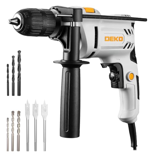 DEKOPRO Perceuse à Percussion Filaire 500W - 2 en 1 Perceuse Béton, Mandrin Sans Clé 13mm, Poignée Rotative 360°, 3000 RPM, 3 Forets (3 x Métal, Béton, Bois), Idéale pour Bois, Métaux Tendres et Béton