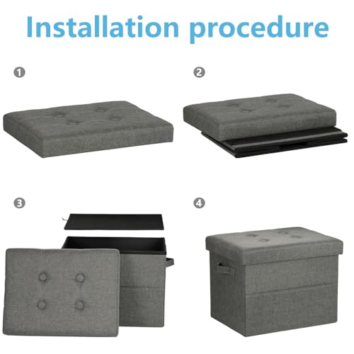 Image of Bsketa Storage Ottoman Bench,17 inch Folding Linen Foot Rest Stool,Dark Gray | Small Ottoman with Side Pockets, Thicker Foam Padded Seat, Livingroom, Dorm, Bedroom, Easy to install, 43L,17 x 13 x 13in