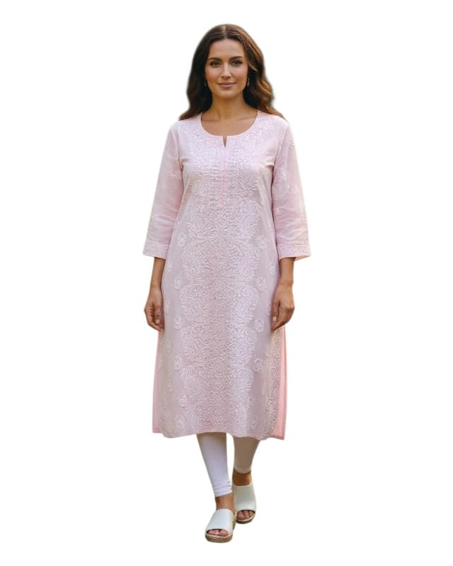 Image of Eddika Women's Cotton Teri Voil Hand-Embroidered Chikankari Kurta | Elegant Lucknowi Style Ethnic Wear
