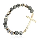 RIAH FASHION Cross Metallic Bar Beaded Stretch Bracelet - Religious Christian Strand Natural Stone, Semi-Precious Prayer Cuff Bangle (Cross Crystal Mix - Gray)