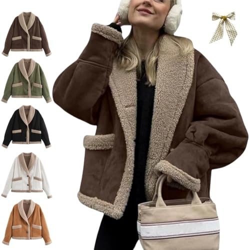 Winter Casual Faux Suede Leather Jacket,Womens Fashion Lapel Button Fleece Lined Thicked Aviator Cropped Overcoat with Pocket