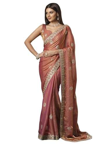 Image of SAREE MALL Women's Satin Silk Embroidered Saree With Unstitched Blouse (KRIYNS4001 KH Parent)