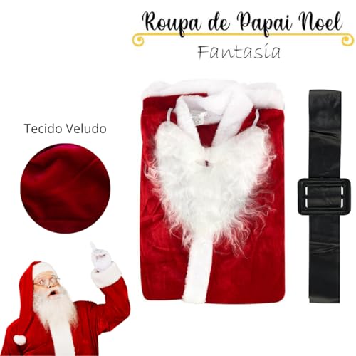 Fantasia Roupa Papai Noel Luxo Veludo Traje Adulto Completo Blusao Calça com Cordão Gorro e Barba