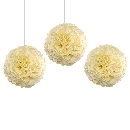 EinsSein 3X Pompons en Papier Set 35cm Beige Boule Papier Boules de Rose Banderole Pompoms Pom poms Porte clefs Decoration Fleurs Anniversaire Table Plan eventail éventail en Birthday Soie Deco