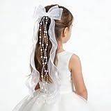 UNISUNSG Haarschmuck Kommunion Mädchen Weiß Haarklammer mit Perlen Organza Haarschleife für Erstkommunion Taufe Blumenmädchen