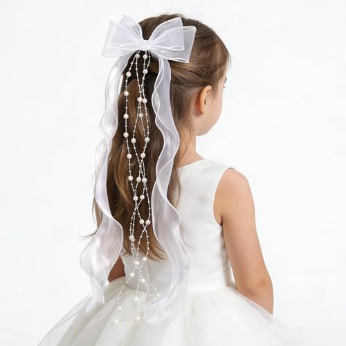 UNISUNSG Haarschmuck Kommunion Mädchen Weiß Haarklammer mit Perlen Organza Haarschleife für Erstkommunion Taufe Blumenmädchen