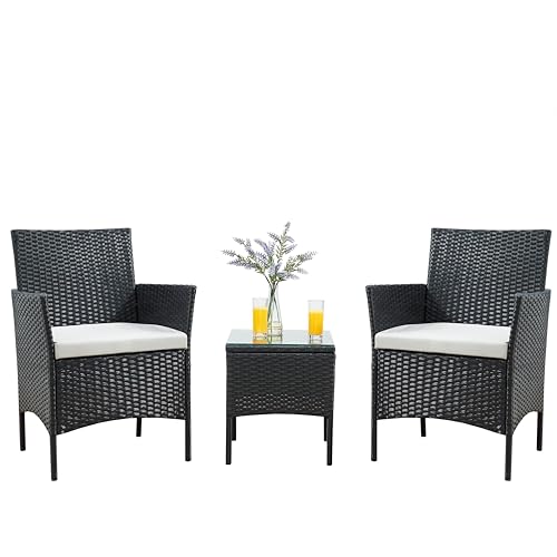 TMEE Juego de muebles de jardín de ratán para exteriores, 3 piezas, juegos de conversación de mimbre de polietileno, 2 sillas de sofá con cojines y mesa auxiliar para piscina, patio, balcón, color
