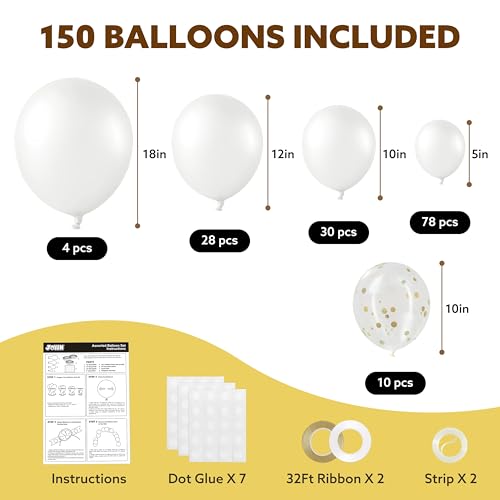 JOYIN 150 Pcs White Balloons, Different Sizes 18 12 10 5 Inch White Latex Balloon Arch Kit with Instruction for Birthday Decoration Party Graduation Wedding Holiday - Image 3