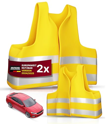Thomatex® Warnwesten Auto 2er-Set – DIN EN ISO 20471 – Maximale Sichtbarkeit bei Tag und Nacht – Universelle Größe XL – 100% reflektierend, gelb