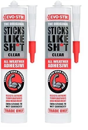 EVO-STIK Sticks Like Sh*t Adhesive, All Weather, Extreme Temperature & Movement Resistant, Colour: Clear, Size: 290ml (Pack of 2)