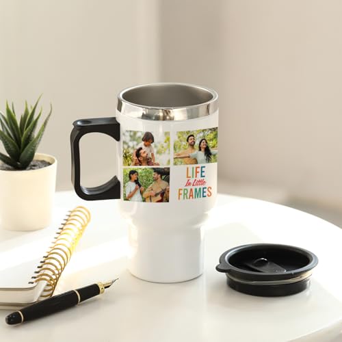 Image of IGP Personalized Photo Travel Mug |Same Day Delivery|400ml Stainless Steel Coffee Cup with Lid & Handle |Custom Picture Collage Mug with ‚Life in Little Frames‚ Print | Unique Gift for Office