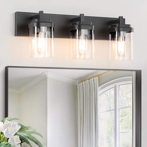 Image of SineRise Vanity Light Fixture,3-Light Vanity Light for Bathroom,Matte Black Bathroom Vanity Lighting Over Mirror with Square Clear Glass Shade for Restroom