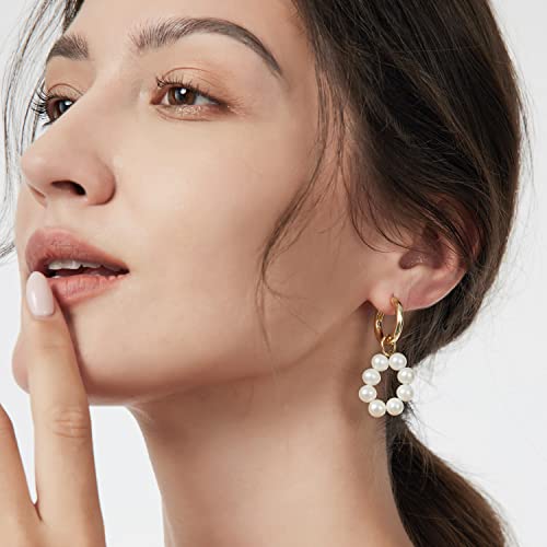 Viennois White Freshwater Cultured Pearl Drop Dangle Earrings Natural Pearl Stud Earrings In 14K Gold Plated, With Sterling Silver Posts (F-Asymmetrical,Hoop) #TOP3